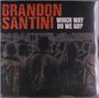 Text: "BRANDON SANTINI WHICH WAY DO WE GO?"
Menschenmenge von hinten, die Kleidung verschiedener Stile trägt.