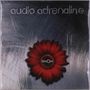 „audio adrenaline“ oben, „bloOm“ auf roter Blume, metallischer Hintergrund.