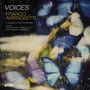 Text: "VOICES FRANCO AMBROSETTI Arrangements by ALAN BROADBENT featuring JOHN SCOFIELD | SCOTT COLLEY | PETER ERSKINE | JANIS SIEGEL enja." 
Hintergrund: Verschwommene blaue Schmetterlinge.
