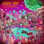 "Bhajan Bhoy Meditations". Eine bunte, surreale Welt mit einem See, fantasievoller Vegetation und schwebenden Blasen.