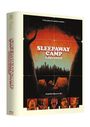 "SLEEPAWAY CAMP DOUBLE FEATURE." Oben: "A nice place for summer vacation..." Unten: "A perfect place to die!" Illustration: Zelte, Wald, Gesichter.