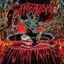 Text: "Suffocation", "Human Waste". Illustration eines düsteren Wesens mit Hörnern, das eine blutige Kettensäge hält.