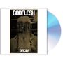 Text oben: "GODFLESH". Text unten: "DECAY". Abstrakte, düstere Illustration in Erdtönen. Links CD-Hülle, rechts CD.