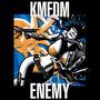 Texte "KMFDM" und "ENEMY". Illustration: Person kämpft gegen einen Tentakel. Farbtöne in Blau, Orange und Schwarz.