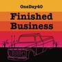 OneDay40, Finished Business. Illustration eines Trucks vor einem farbigen Streifenhintergrund in Orange und Pink.
