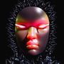 Eine schimmernde Maske mit leuchtenden Augen umgeben von spitzen, dunklen Elementen in Neonfarben.