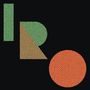 Texte "IRO". Geometrische Formen mit grünen und orange-roten Mustern, schwarze Punkte auf farbigem Hintergrund.