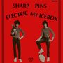 Der Text lautet: "SHARP PINS ELECTRIC MY ICEBOX". Zwei Personen in gestreiften Shirts auf rotem Hintergrund.