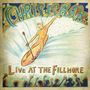 "Chris Isaak: Live at the Fillmore" in farbenfroher Schrift über einer surfenden Figur mit Mikrofon, umgeben von jubelndem Publikum.