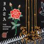 Text: "JATA THE HORROR SHOW". Illustration: Rote Rose, gelbe Ornamente, stilisierte Stoffstruktur.