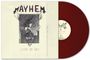 Text: "MAYHEM", "LIVE IN SKI". Rotes Vinyl, Cover zeigt düstere Illustration mit Musiker.
