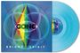 „GONG BRIGHT SPIRIT“ auf blauem Vinyl. Farbenfrohes, geometrisches Muster mit Regenbogen-Lichtstrahlen.