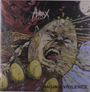 Texte: "Hirax", "Raging Violence". Illustration einer schreienden Person mit platzen Köpfen und surrealen Elementen.