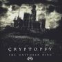 "CRYPTOPSY THE UNSPOKEN KING". Eine dunkle, düstere Illustration einer Burg vor einem stürmischen Himmel.