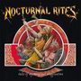 "Nocturnal Rites" und "tales of mystery and imagination". Illustration: Krieger in Rüstungen und Helme im Kampf.