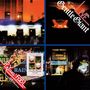 Oben links: verschwommenes Gebäude mit Lichtern. Oben rechts: "Gentle Giant Live". Unten links: "Playing the Fool". Unten rechts: "Sold Out".