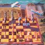 "FOOLS MATE PETER HAMMILL" steht an einem Flugzeugbanner. Eine surreale Landschaft mit riesigem Schachbrett und Figuren.