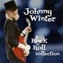 Text: "Johnny Winter, A Rock n' Roll Collection." Ein Gitarrist mit Hut spielt Gitarre vor einem verschwommenen blauen Hintergrund.