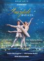 „Fairytale Ballets“: Cinderella, Coppélia, The Sleeping Beauty, Swan Lake. Tänzerpaar in Ballettpose vor blauem Hintergrund.