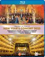 "TEATRO LA FENICE NEW YEAR'S CONCERT 2025" steht oben. Darunter dirigieren Musiker auf einer prunkvollen Bühne.