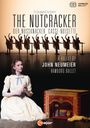 Oben: "Tchaikovsky The Nutcracker". Darunter tanzen Balletttänzerinnen. Unten: Frau in weißem Kleid mit Box und Nussknacker.