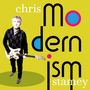 Text: "chris stamey modernism". Person mit Gitarre, gelber Hintergrund, verspieltes, modernes Design mit bunten Akzenten.