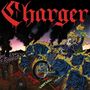 "Charger" steht oben in roter, gotischer Schrift. Ein Skelett fährt auf einem Motorrad, umgeben von blauen, flammenden Wölfen.