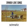 "SPANISH LOVE SONGS" oben, "schmaltz" unten. Ein Mann mit Metalldetektor in einem Park mit Tisch und Bäumen.