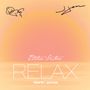 "Edition Sixteen", "RELAX", "blank & jones". Illustration mit Sonnenuntergang und entspanntem Gesicht.
