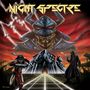Der Text lautet "Night Spectre". Darunter eine futuristische Szene: ein Krieger, ein Gebäude und eine finstere Gestalt.