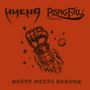 Text: "HYENA", "RISINGFALL", "HEAVY METAL HEROES". Illustration: Ein gepanzerter, flammender Faust mit Sternen und Planeten.