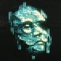 Eine Illustration, die ein Gesicht in pixelartigem Stil mit blauen und grünen Nuancen auf schwarzem Hintergrund zeigt.