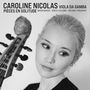 "CAROLINE NICOLAS VIOLA DA GAMBA PIÈCES EN SOLITUDE" oben, Frau mit heller Haut, blickt zur Seite, hält ein Streichinstrument.
