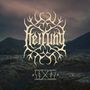 "Heilung" in einem dekorativen, verzweigten Design. Unten komplexe Symbole. Hintergrund: Felslandschaft bei Dämmerung.