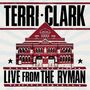 "Terri Clark, Live from the Ryman." Illustration eines roten Gebäudes mit einem detaillierten architektonischen Design.