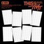 Stray Kids Mini Album "THIS & THAT" mit mehreren leeren, weißen, schräg angeordneten Rechtecken auf schwarzem Hintergrund.