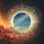Rundes Fenster im Himmel, umgeben von einem goldenen astrologischen Kreis mit Symbolen vor leuchtenden Weltraumwolken.