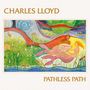 "CHARLES LLOYD, PATHLESS PATH." Eine bunte Illustration mit Meerjungfrauen in einer lebendigen, natürlichen Landschaft.