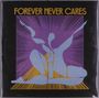 Text: "FOREVER NEVER CARES". Illustration mit abstrakten Figuren in Lila und Blau vor strahlenförmigem Hintergrund.
