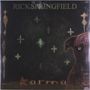 Text oben: "RICK SPRINGFIELD". Unten: "karma". Dunkle Illustration mit Kreuzsymbolen und einem Hund am rechten Rand.