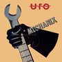 Text: "UFO" mit durchgestrichenem O, "MECHANIX". Illustration: Hand mit Handschuh hält Schraubenschlüssel und Gitarrenhals.