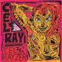 "CEL RAY" und "CEL RAYZER". Bunte, expressive Illustration einer Person mit rotem Haar und gelber Haut, hält einen Rasierer. Beige Schallplatte.