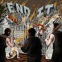 Text "END IT" und "WRONG SIDE OF HEAVEN". Dramatische Szene, Engel und Figuren mit Schlägern vor Tor. Feuer und Flammen. Illustration.