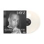 "JAY-Z", "REASONABLE DOUBT"; Schwarz-Weiß-Porträt eines ernsten Mannes, transparente Vinyl-Schallplatte.
