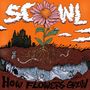 Schriftzug "SCOWL" und "How Flowers Grow". Illustration einer Blume mit Wurzeln, darüber ein oranger Himmel mit Wolken.