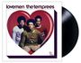 Text: "lovemen the temprees". Drei Männer in einem großen roten Herz. Eine Schallplatte rechts.