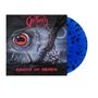 "Obituary" in roter Schrift, darunter "Cause of Death". Illustration: Auge, Schädel, blauer Vinyl-Schallplatte.