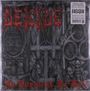 "DEICIDE" in roten, flammenden Buchstaben oben, "In Torment In Hell" unten. Hintergrund: düstere, gruselige Illustrationen.
