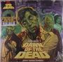 „Dawn of the Dead“ in großen Buchstaben, grünliche Zombie-Illustrationen, dramatische und unheimliche Szene.