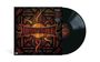 "Godsmack: The Holy Grail of Hits" in roter Schrift auf einem sonnenartigen Emblem, begleitet von einer schwarzen Vinyl-Schallplatte.